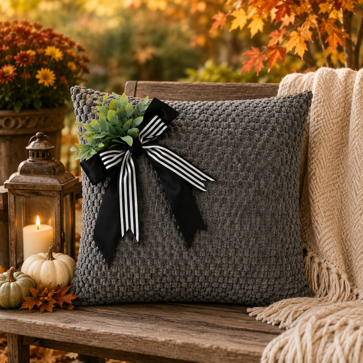 Grey Textured Cushion Cover with Decorative Bow