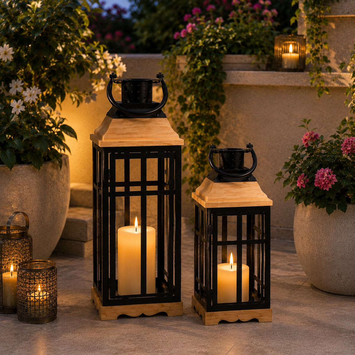 Wood & Metal Lanterns — Set of 2