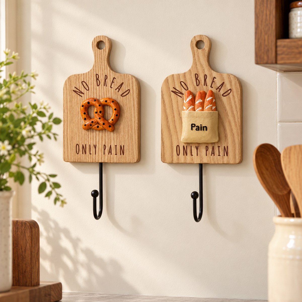 No Bread, Only Pain – Decorative Wall Hooks (Set of 2)