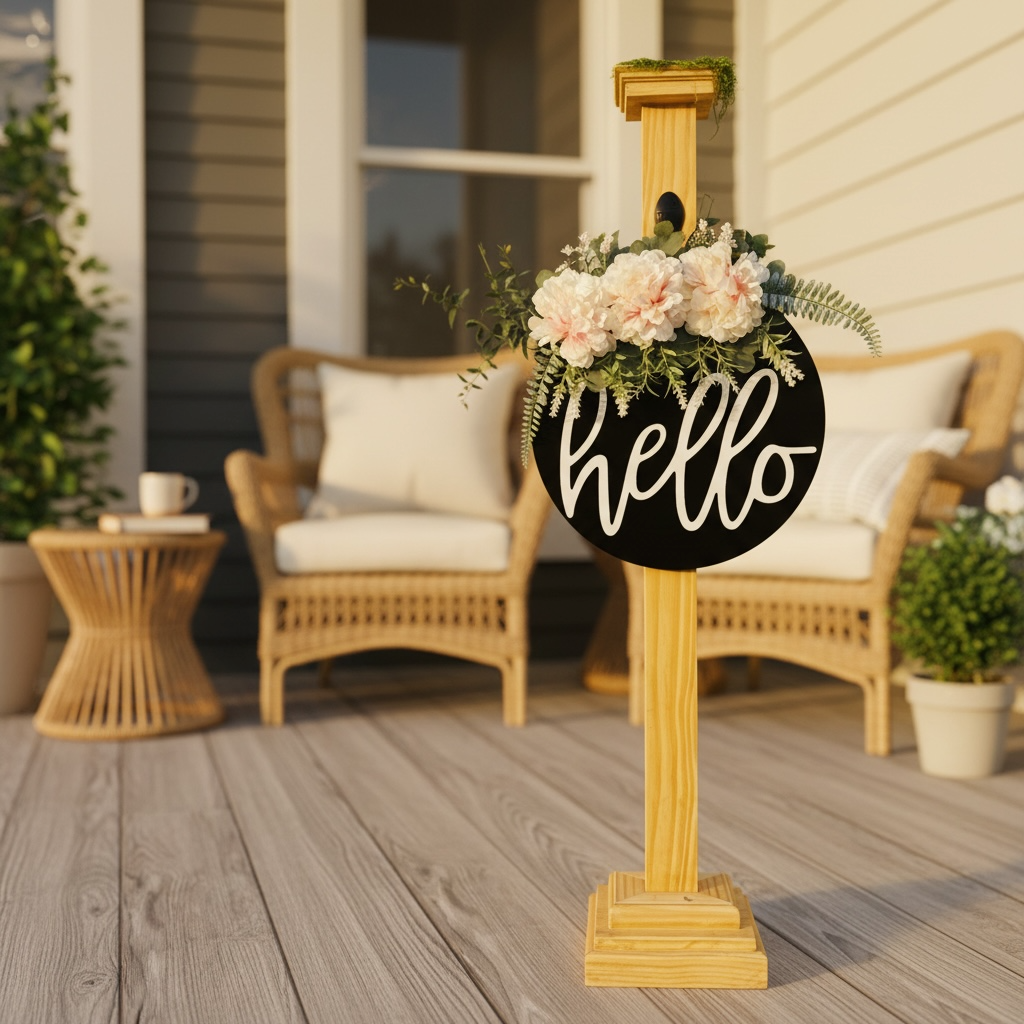 Wooden stand with hello sign