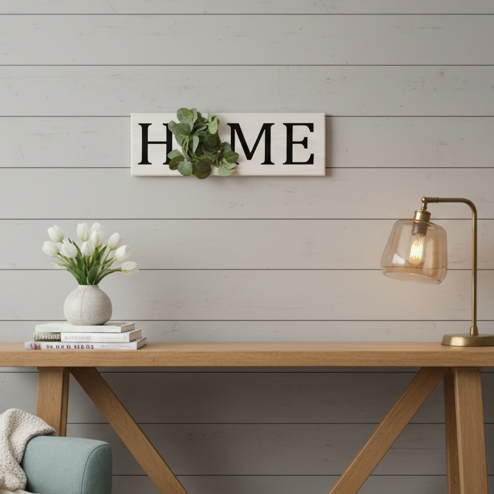 Home sign with eucalyptus wreath
