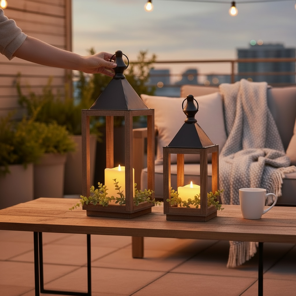 Wooden LED open lantern (Pair)