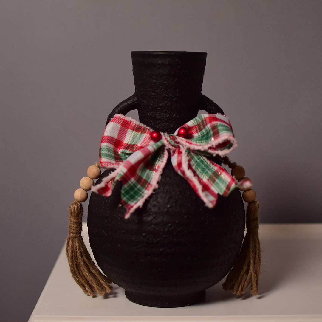 Festive Matte Black Ceramic Vase with Handles