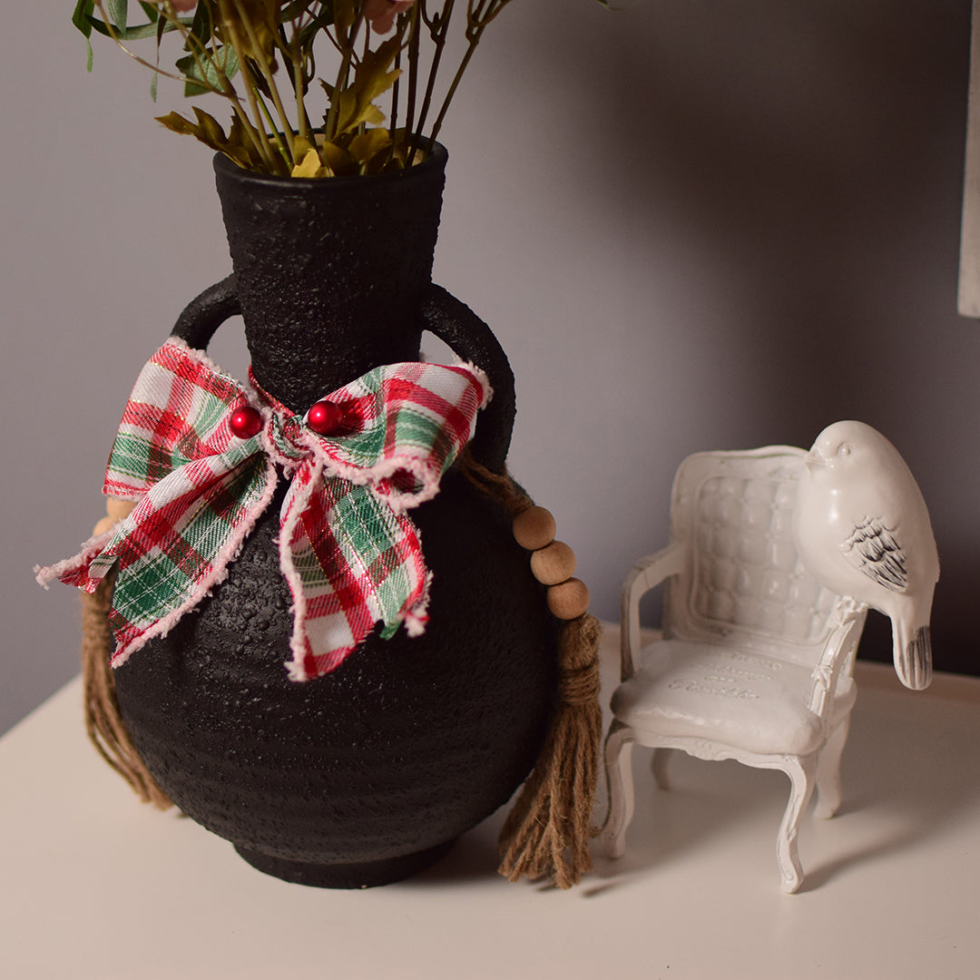 Festive Matte Black Ceramic Vase with Handles