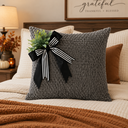 Grey Textured Cushion Cover with Decorative Bow