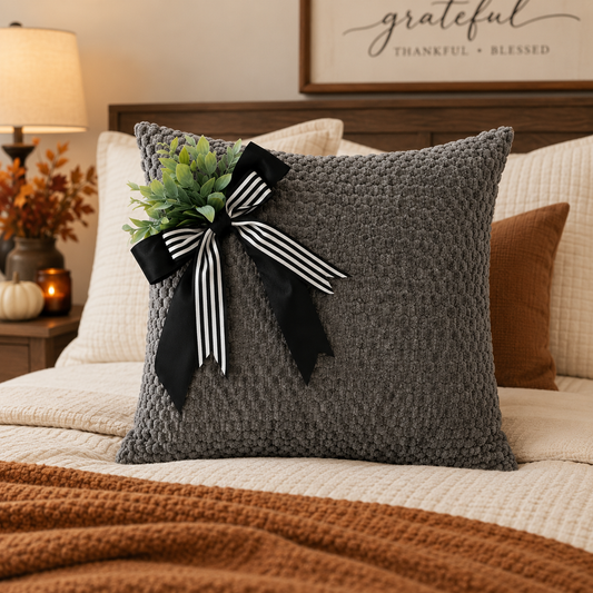 Grey Textured Cushion Cover with Decorative Bow