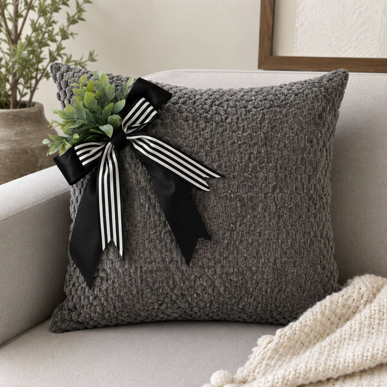 Grey Textured Cushion Cover with Decorative Bow
