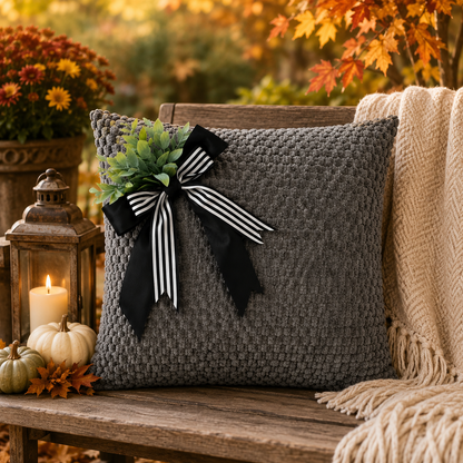 Grey Textured Cushion Cover with Decorative Bow
