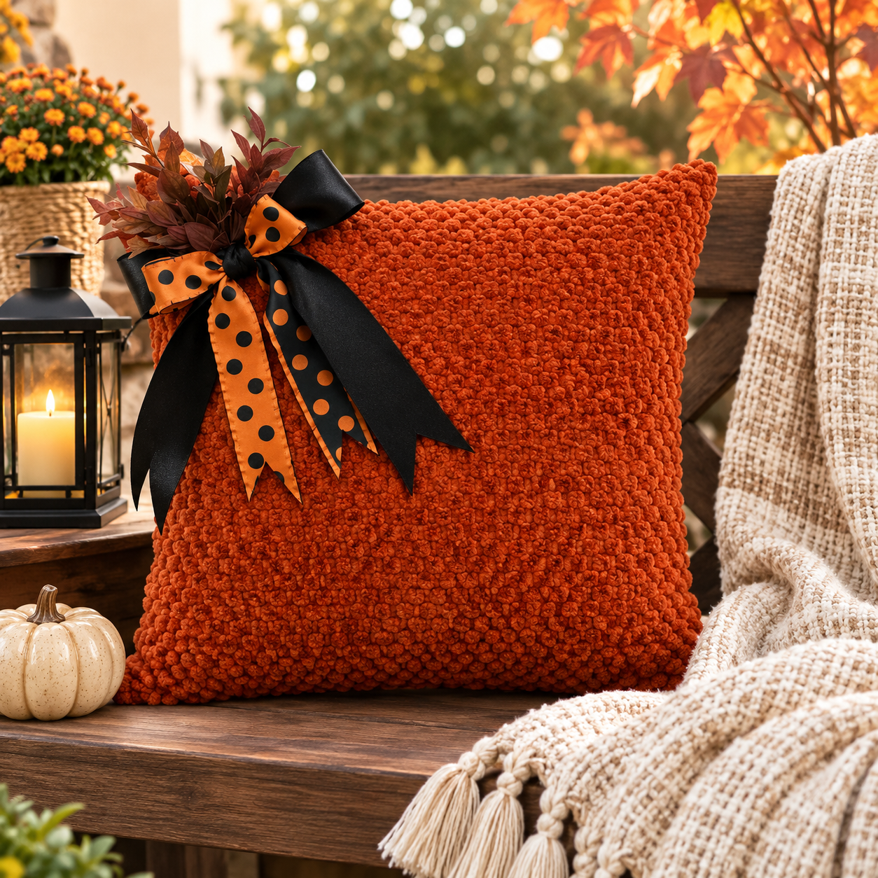 Autumn Textured Cushion Cover with Decorative Bow
