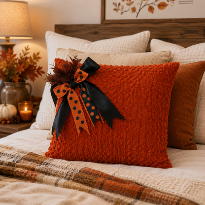 Autumn Textured Cushion Cover with Decorative Bow