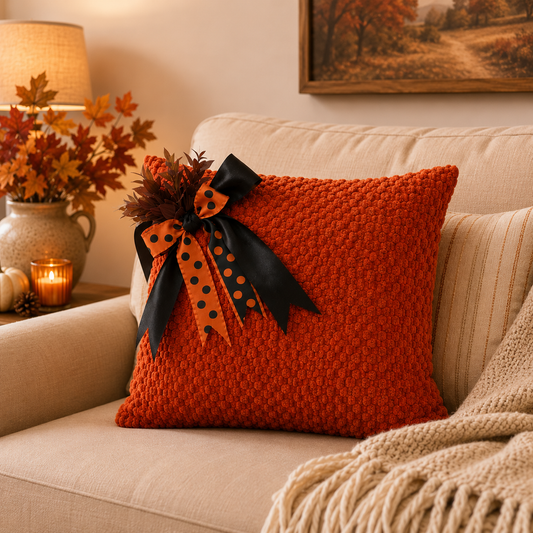 Autumn Textured Cushion Cover with Decorative Bow
