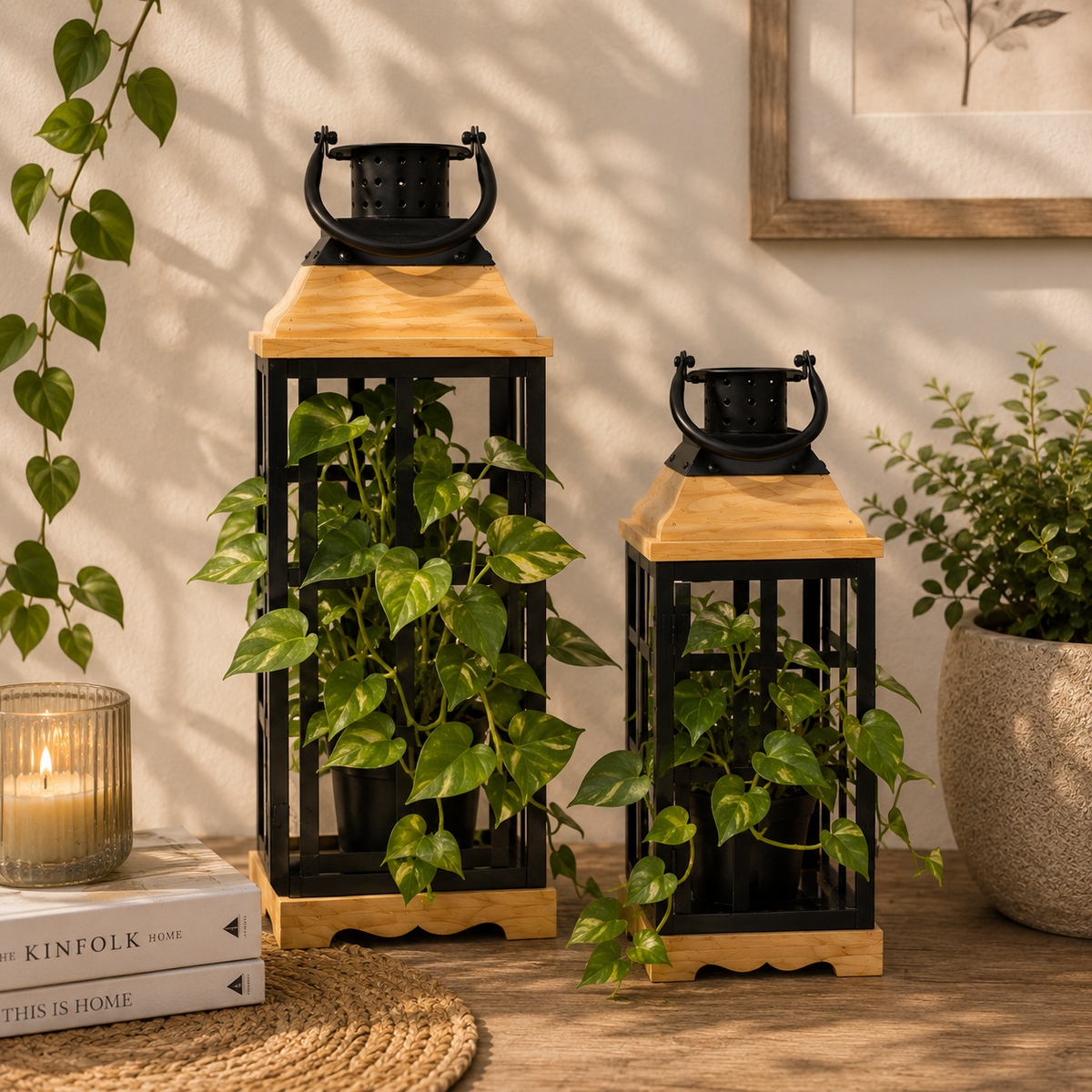 Wood & Metal Lanterns — Set of 2