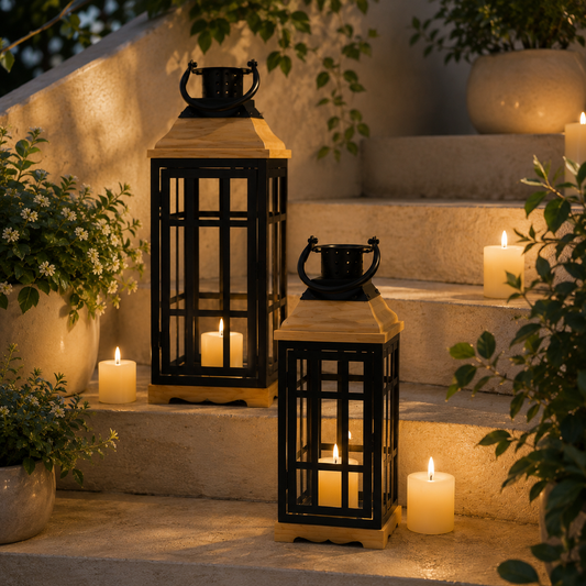 Wood & Metal Lanterns — Set of 2