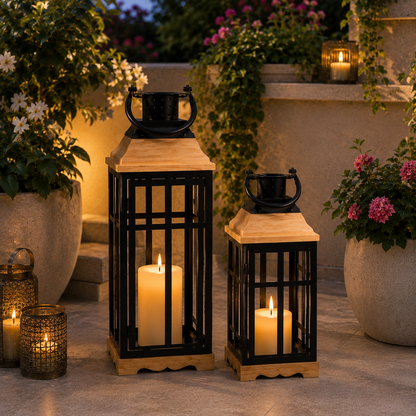 Wood & Metal Lanterns — Set of 2