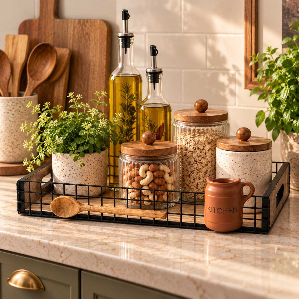 Rustic Wire & Wood Kitchen Tray