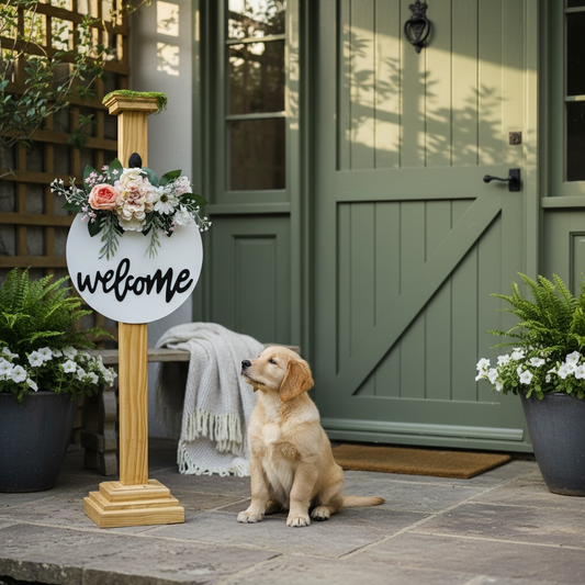 Wooden stand with welcome sign