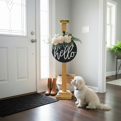 Wooden stand with hello sign