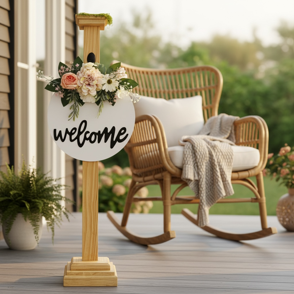 Wooden stand with welcome sign