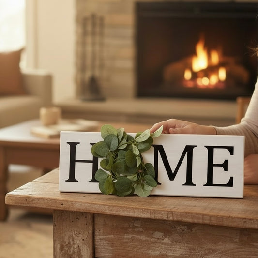 Home sign with eucalyptus wreath