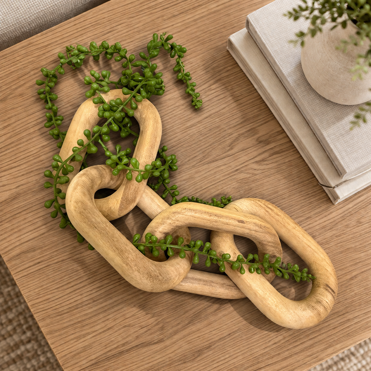 Wooden Link Chain with Green Vine
